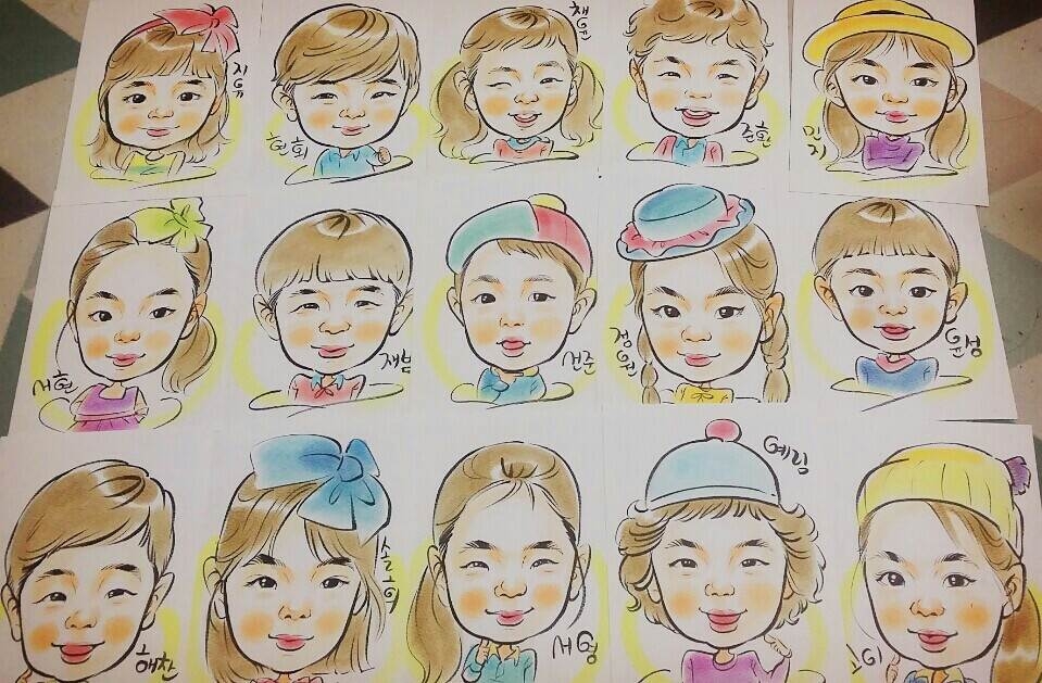 수작업 컬러 캐리커쳐 어린이집 단체 주문제작 
